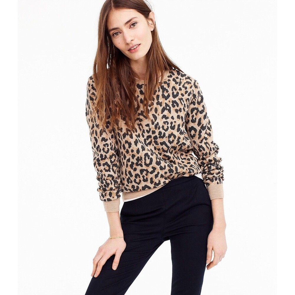 J.Crew 100% Merino Wool Beige Black Leopard Knit Crewneck Pullover Sweater L